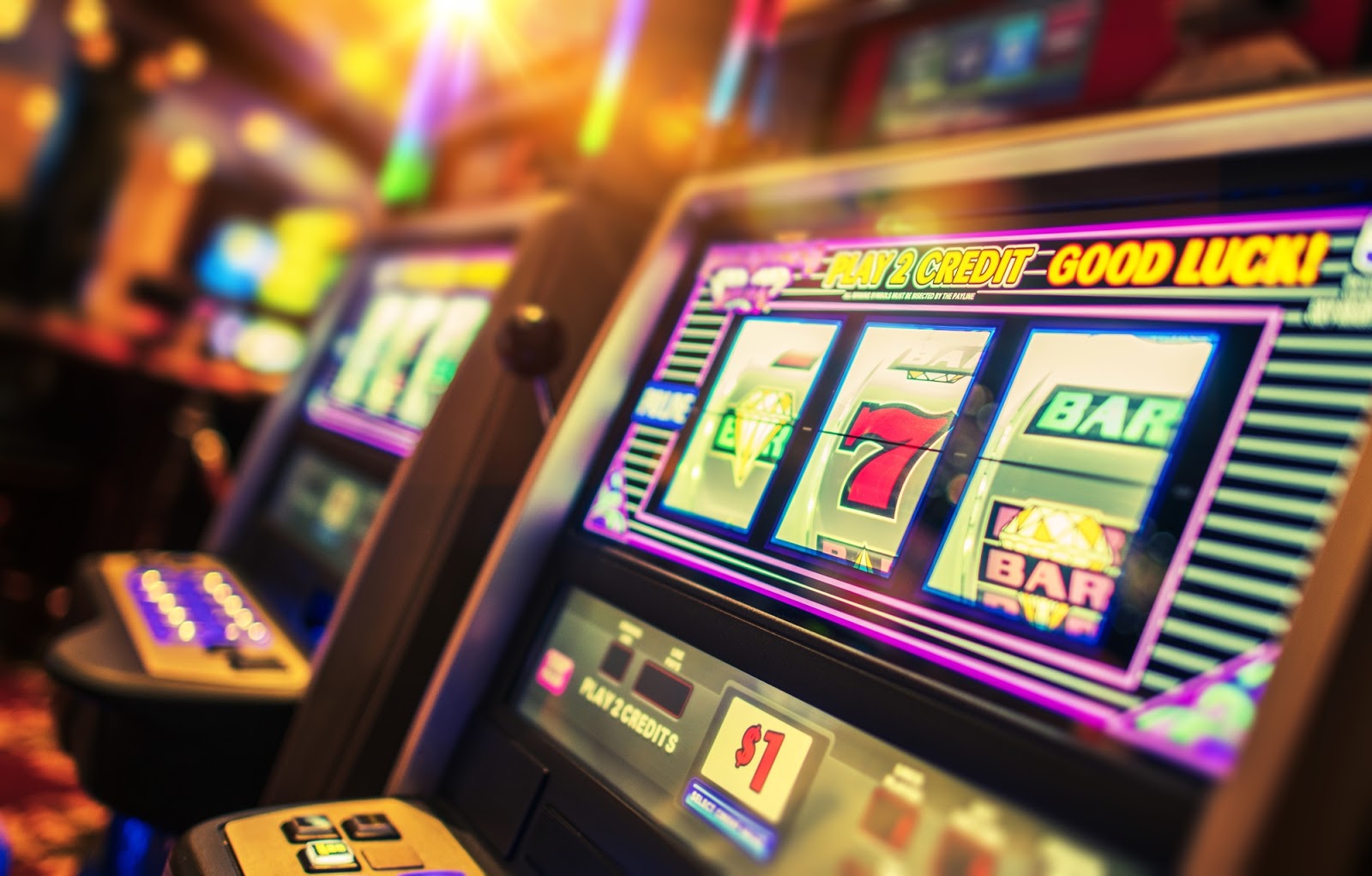 Casino Interior and Row of Classic Slot Machines. Las Vegas Gambling Theme.